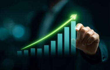 Teal chart with glowing green arrow goes up. Features a hand interaction for presentations, dashboards, or financial posters.