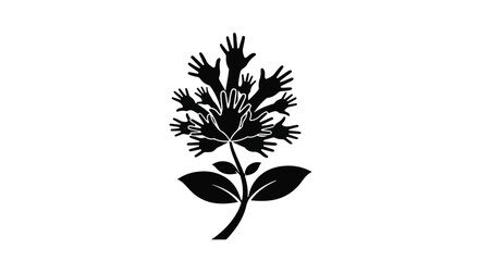 Symbolic plant with many hands reaching upwards, representing growth and community support.
