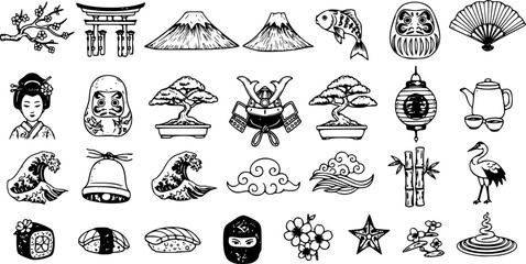 Japanese Doodle Set. Hand Drawn Traditional Japanese Design Elements and Vector Illustrations