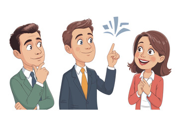 Cartoon illustration of business people in a meeting, with one man sharing a brilliant idea with his enthusiastic colleagues
