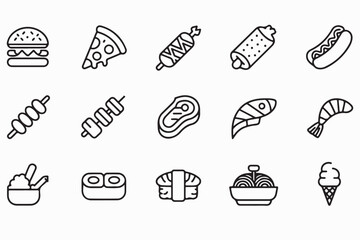 Collection of outline icons representing various delicious food items and fast food, including burgers, pizza, sushi, and ice cream