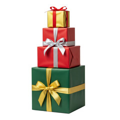Stack of four wrapped Christmas presents in gold, red, and green.
