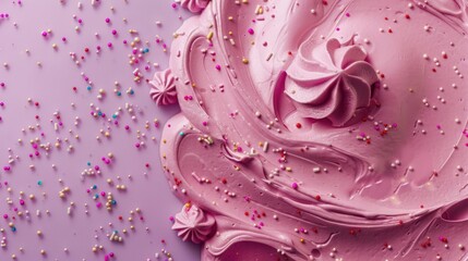 Pink and Purple Swirled Frosted Cake with Colorful Sprinkles on Pastel Background