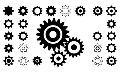 Gear icon vector set, black cogwheel vector collection, mechanical gear shapes, engineering symbols, industrial machinery, sprocket designs, abstract gearwheel graphics