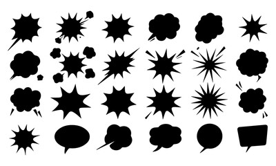 Comic burst explosion vector, comic boom elements, and speech bubbles in black silhouettes. Ideal for comic designs, pop art, and retro style illustrations