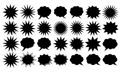 Comic burst explosion vector, comic boom elements, and speech bubbles in black silhouettes. Ideal for comic designs, pop art, and retro style illustrations © dkzone09 