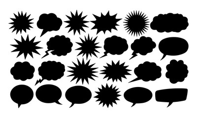 Comic burst explosion vector, comic boom elements, and speech bubbles in black silhouettes. Ideal for comic designs, pop art, and retro style illustrations