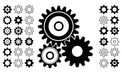 Gear icon vector set, black cogwheel vector collection, mechanical gear shapes, engineering symbols, industrial machinery, sprocket designs, abstract gearwheel graphics