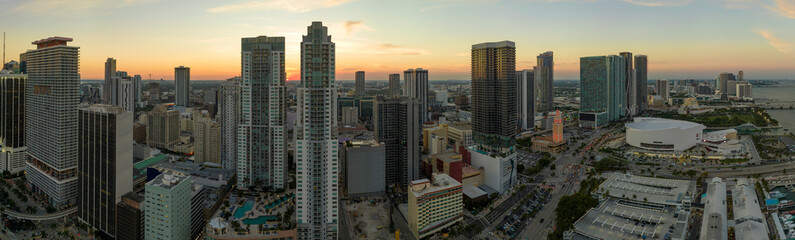 Evening urban landscape of downtown district of Miami Brickell in Florida, USA. Skyline with high skyscraper buildings in modern american megapolis