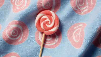 Pink and White Swirled Lollipop on Blue Fabric with Rose Pattern