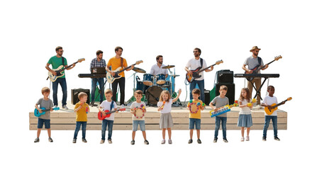 Obraz premium Lively miniature band performs energetic music on stage transparent background