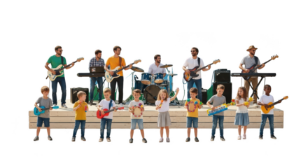Lively miniature band performs energetic music on stage transparent background