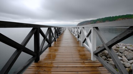 Fototapeta premium A long wooden pier extends over still waters, leading to a distant shoreline shrouded in clouds. The scene conveys a sense of peace and connection to nature