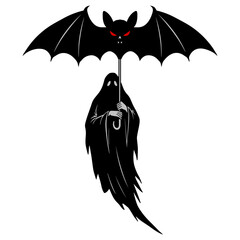 Spooky Ghost Holding Bat Umbrella Vector Illustration