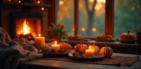 Cozy autumn evening scene with flickering candlelight illuminating warm, inviting interior Perfect for fall, hygge, and seasonal themes , magical, decoration