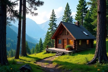 Cozy cabin nestled amongst towering pines, offering rustic charm and breathtaking views  Perfect for a tranquil getaway in the wilderness ,  vacation,  snow,  pines
