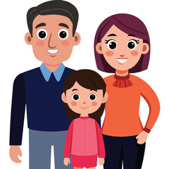 Fototapeta premium Happy diverse family of three cheerful parents and child smiling together in flat style art