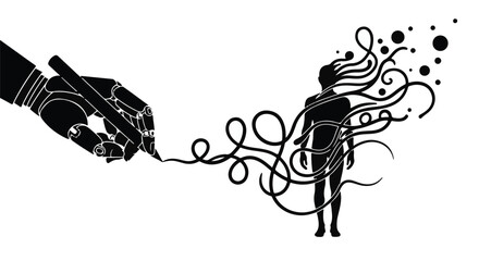 Robotic hand drawing a creative connection with a human silhouette