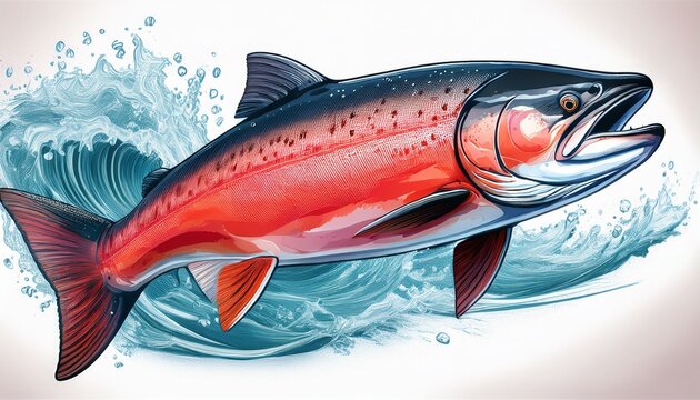 watercolor jumping salmon isolated on white background
