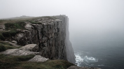 Fog-shrouded cliff face overlooking a churning sea