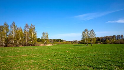 Lush green meadow stretches under a vibrant blue sky