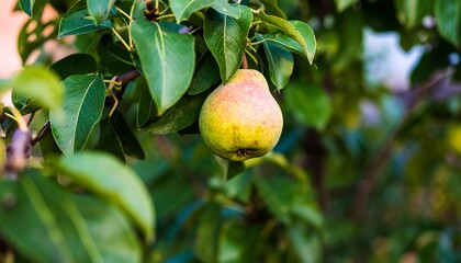 Pear hanging from tree branch