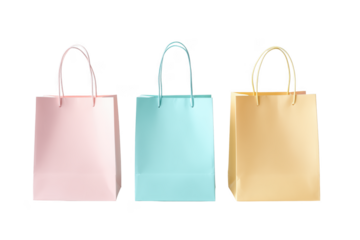 Three pastel colored paper shopping bags arranged side by side isolated on a transparent background pink