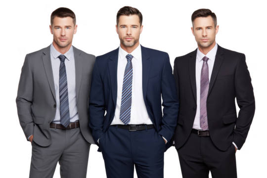 Three men in suits standing with hands in pockets isolated on a transparent background image