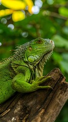Obraz premium Green iguana on a log in a jungle