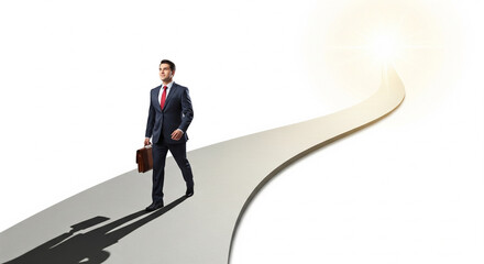 Fototapeta premium Determined businessman in a suit walking forward on a winding path towards a bright light, symbolizing career progress and future success, in a bright studio