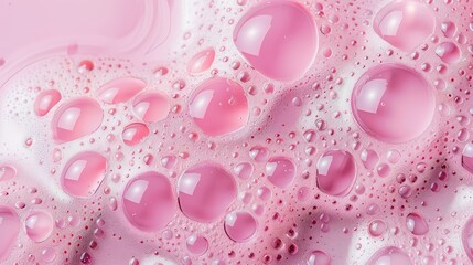 Pink Bubbles on Soft Pink Background with Water Droplets for Cosmetic or Skincare Promotion