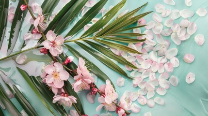 Pink Cherry Blossom Flowers and Green Palm Leaves Arrangement on Light Blue Background