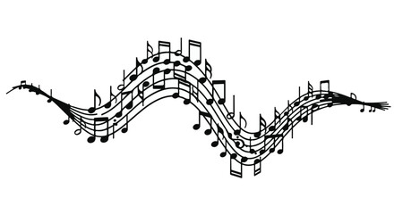 Dynamic flowing musical notes creating a wave of sound and rhythm