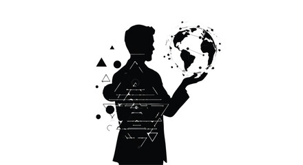 Silhouette of a man holding a glowing digital globe, symbolizing global connection and technology.