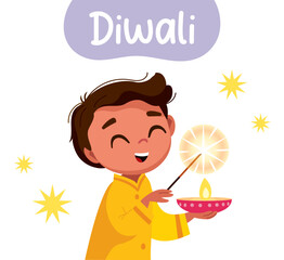 A joyful Indian boy celebrates Diwali, the Hindu Festival of Lights, holding sparkling sparklers and traditional earthenware diva lamps, his face lit with happiness.