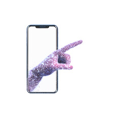 digital hand pointing at a smartphone with a blank screen, representing digital interaction transparent