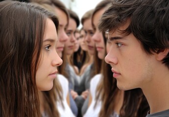 Naklejka premium Young man and woman facing multiple blurred figures representing bullying, harassment, and social exclusion, conveying feelings of isolation and intimidation in a group dynamic.
