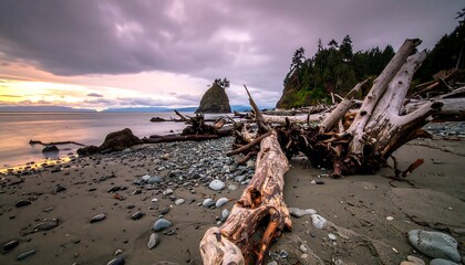 Dramatic coastal sunset with driftwood