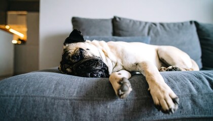 Pug dog sleeping on a couch