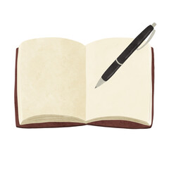 無地の糸とじノートとボールペン　水彩風手描きイラスト