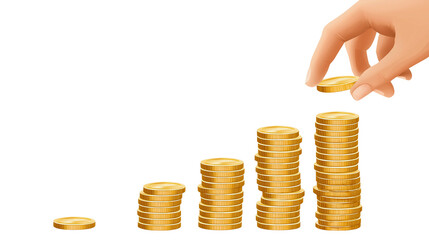 A stylized hand placing gold coins into ascending stacks, representing financial growth, bright and clean illustration, isolated on a transparent background
