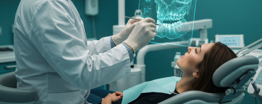 Dentist examines woman patient using innovative virtual dental x-ray in clinic. Modern dentistry concept with digital teeth scan for treatment.