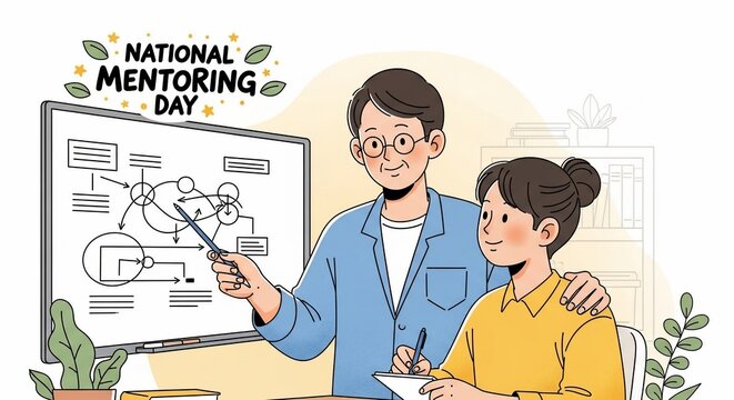 National Mentoring Day illustration of a mentor teaching a student.