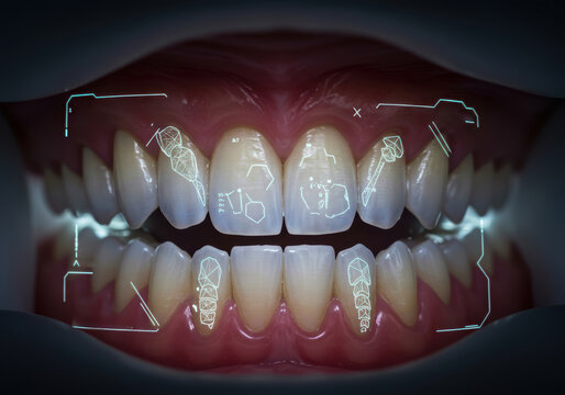 Close up view of human teeth with digital interface showing dental analysis. Modern dentistry and oral health care.