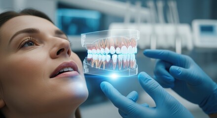 Woman patient watches a virtual reality 3D model of teeth displayed by a dentist for dental treatment planning. Modern dentistry concept.
