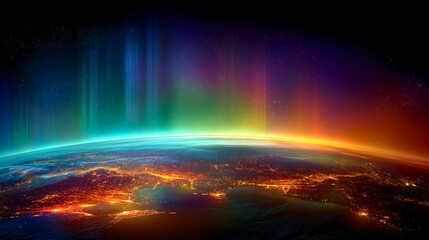 Abstract illustration of the earth's horizon with colorful northern lights