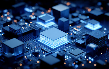 Close-up view of a complex electronic circuit board with glowing components