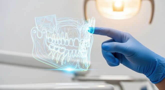 Dentist hand in blue glove controls digital jaw scan. Modern dentistry technology development and treatment planning. - Powered by Adobe