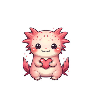 Cute Pink Axolotl Holding a Heart Kawaii Cartoon Illustration
