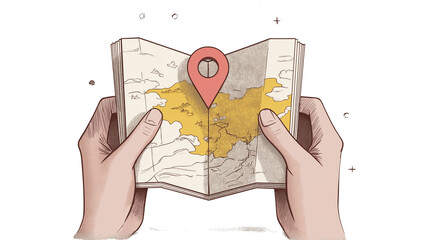 Hands holding open a folded map with a prominent location marker, representing travel planning
